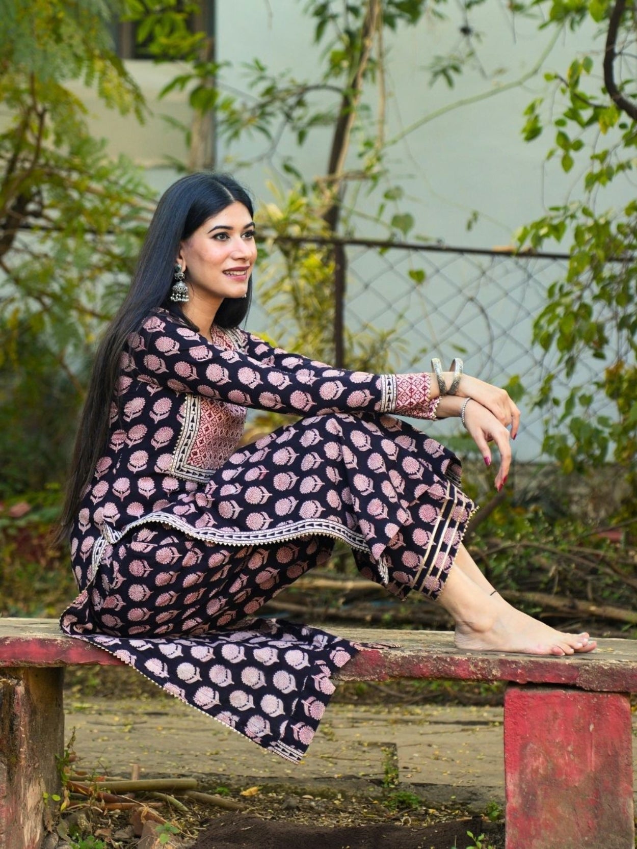 Hibaa Ajrakh Black Cotton Kurta Pant Set