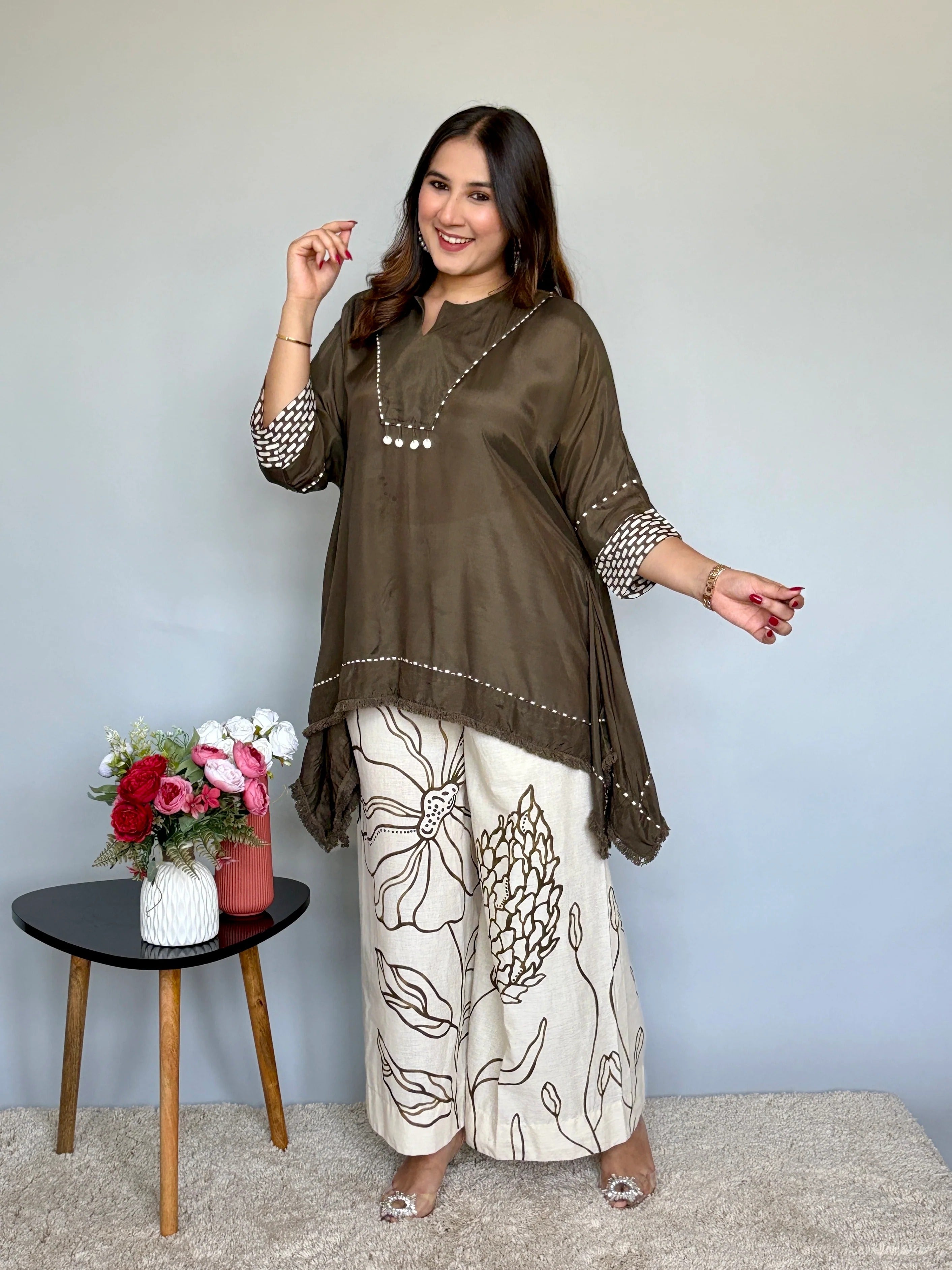 Olive Green Asymmetrical Muslin Co-ord Set