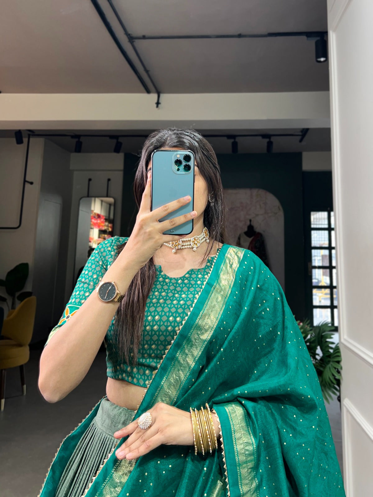 Blossom Sea Green Floral Print With Foil Print Lehengha Choli With Dupatta