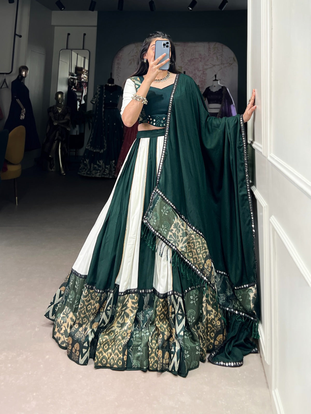 Graceful Pure Rayon Plain And Printed With Mirror Work Lace Lahengha Choli