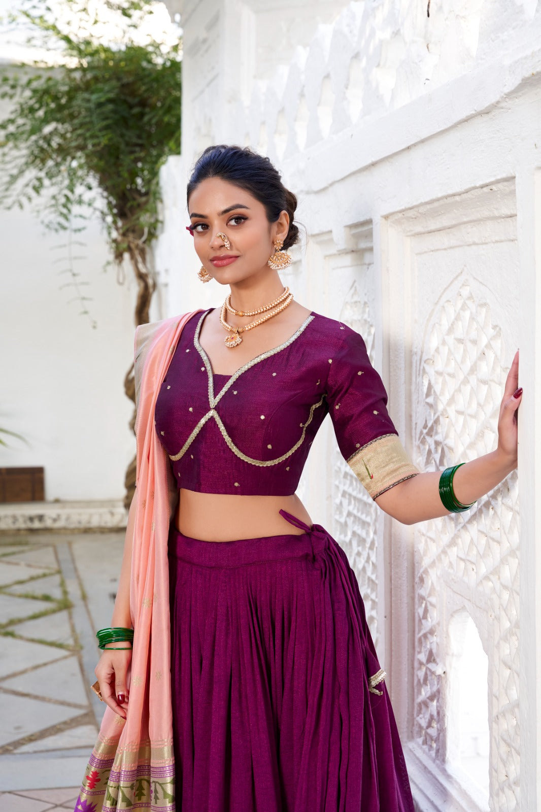 Vibrant Vichitra Silk Plain with Paithni lace border Lehengha Choli With Dupatta