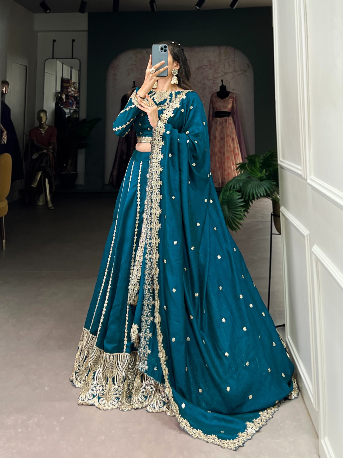 Glamorous Vichitra Silk Sequins and Thread Embroidery Work Lehengha Choli With Blouse