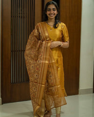 Exquisite Mustard Pure Banarasi Silk Kurti, Pant With Dupatta