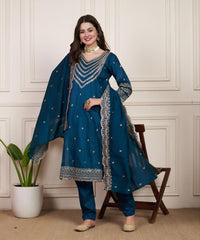 Classic Rama Pure Chanderi Silk Kuta Pant With Dupatta
