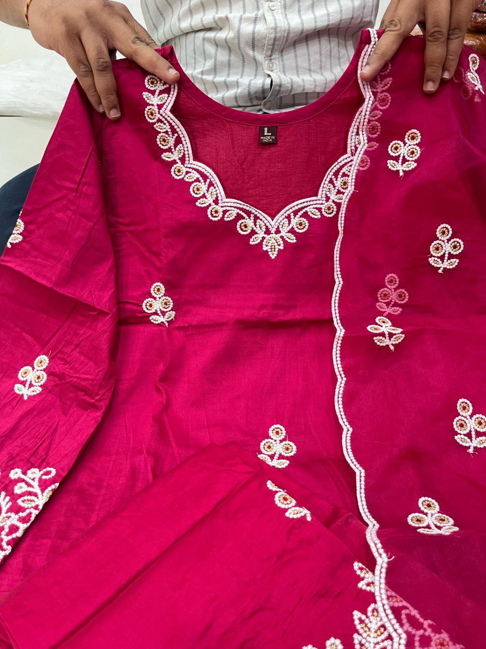 Magnificant Cotton Thread Embroidery Kurti Palazzo Dupatta