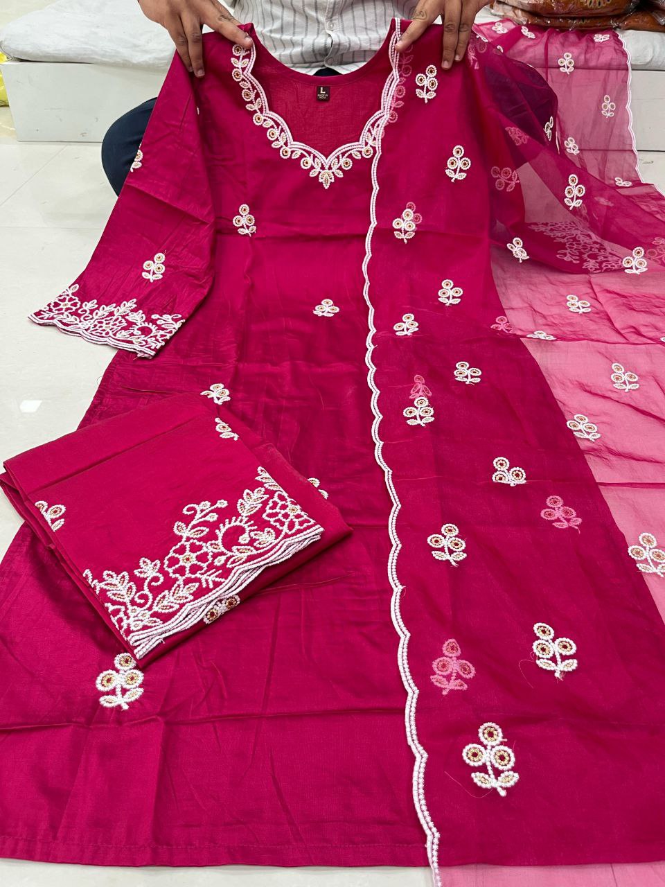 Magnificant Cotton Thread Embroidery Kurti Palazzo Dupatta